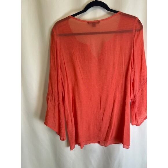 Zac & Rachel Crochet Trim Neck Slit Sleeve Blouse Bright Coral Women's Size L - Picture 2 of 6
